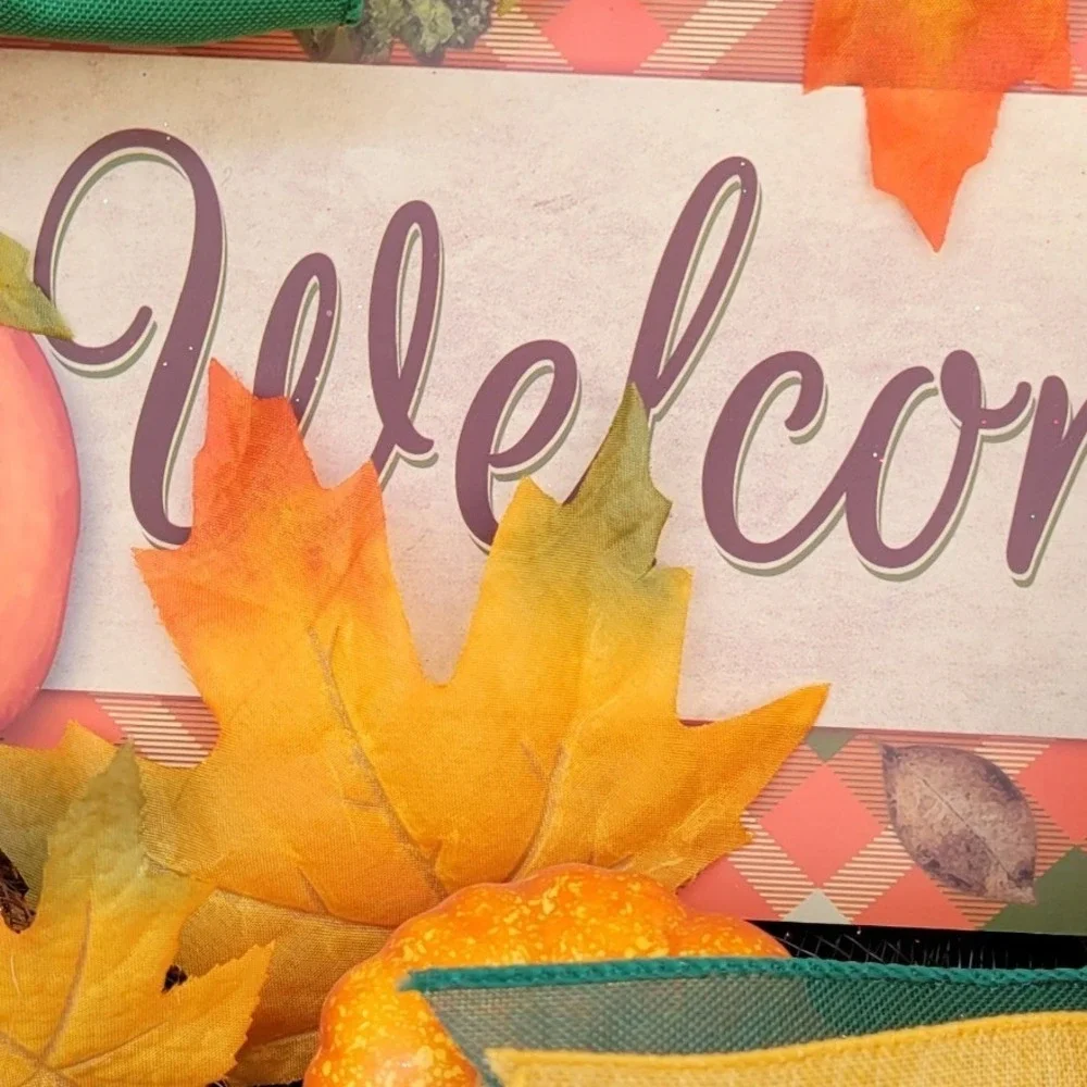 Fall Welcome Wreath Pumpkin Maple Leaf Berries Harvest Decor 23 Inch Handmade